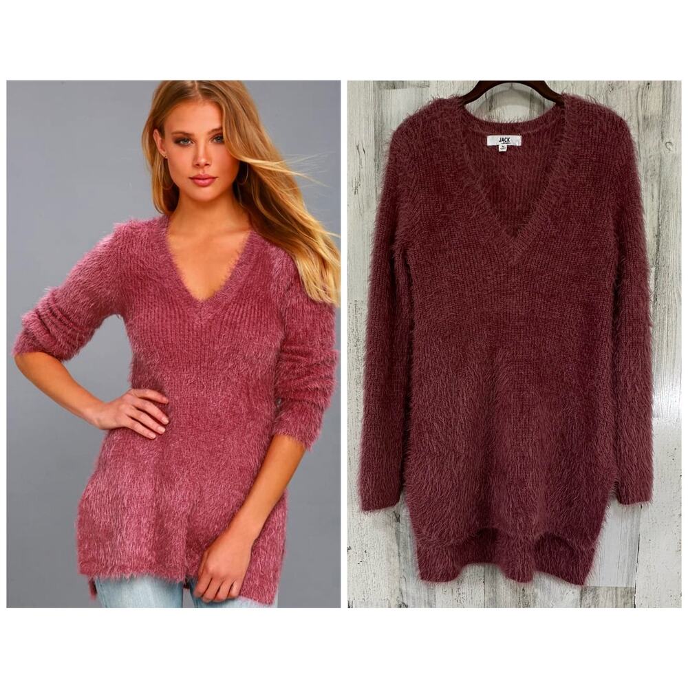 Jack BB Dakota Pam Size Medium Mauve Pink Eyelash Sweater Vneck Hi Lo Hem Slits